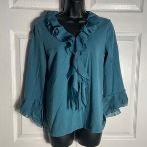 Jones New York Signature Shirt Womens L Teal Ruffled V Neck 3/4 Sleeve Fairy Top